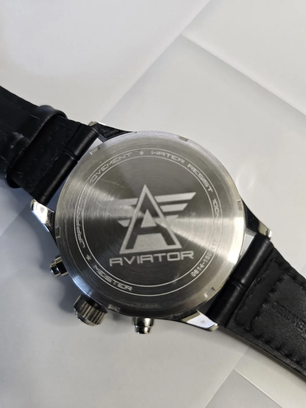 MSTR Silver Chronograph Aviator Watch with Black Leather Strap